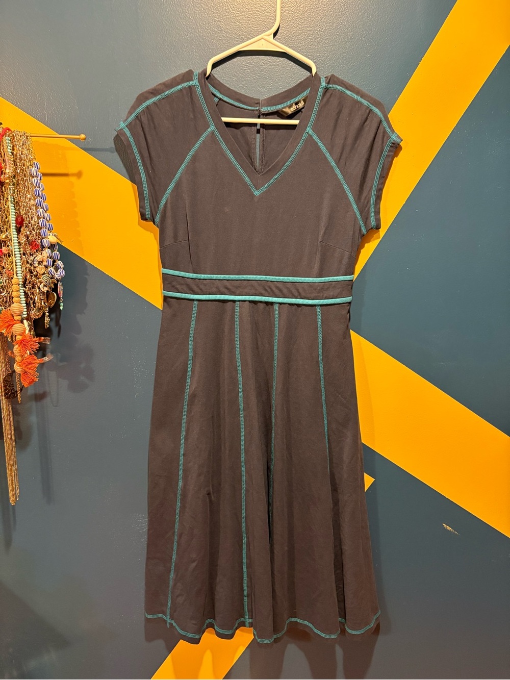 eShakti Navy & Bright Blue V-Neck Short Sleeve Midi Dress EUC